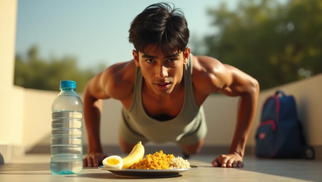 Indian student summer workout routine – home push-ups, hydration, and budget diet with boiled eggs and dal rice for muscle gain