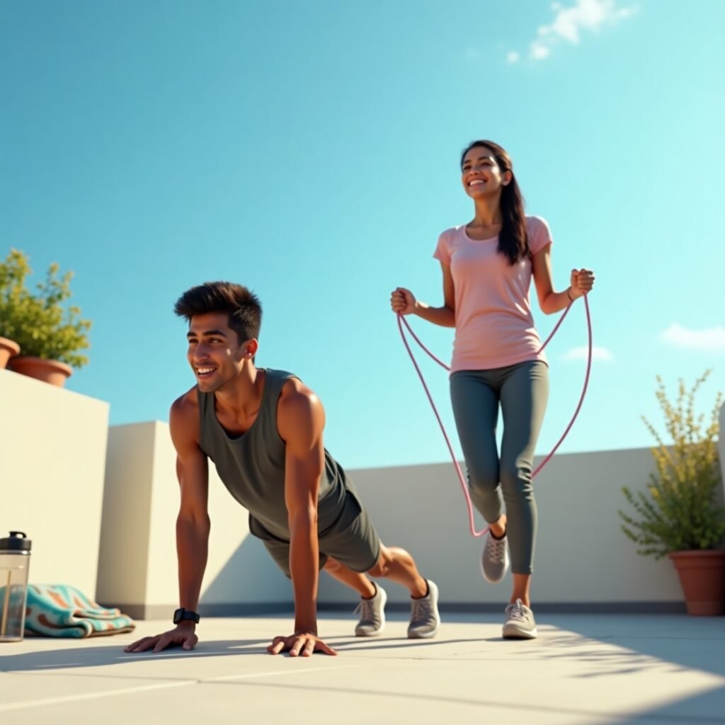 Indian students doing rooftop bodyweight workout without gym