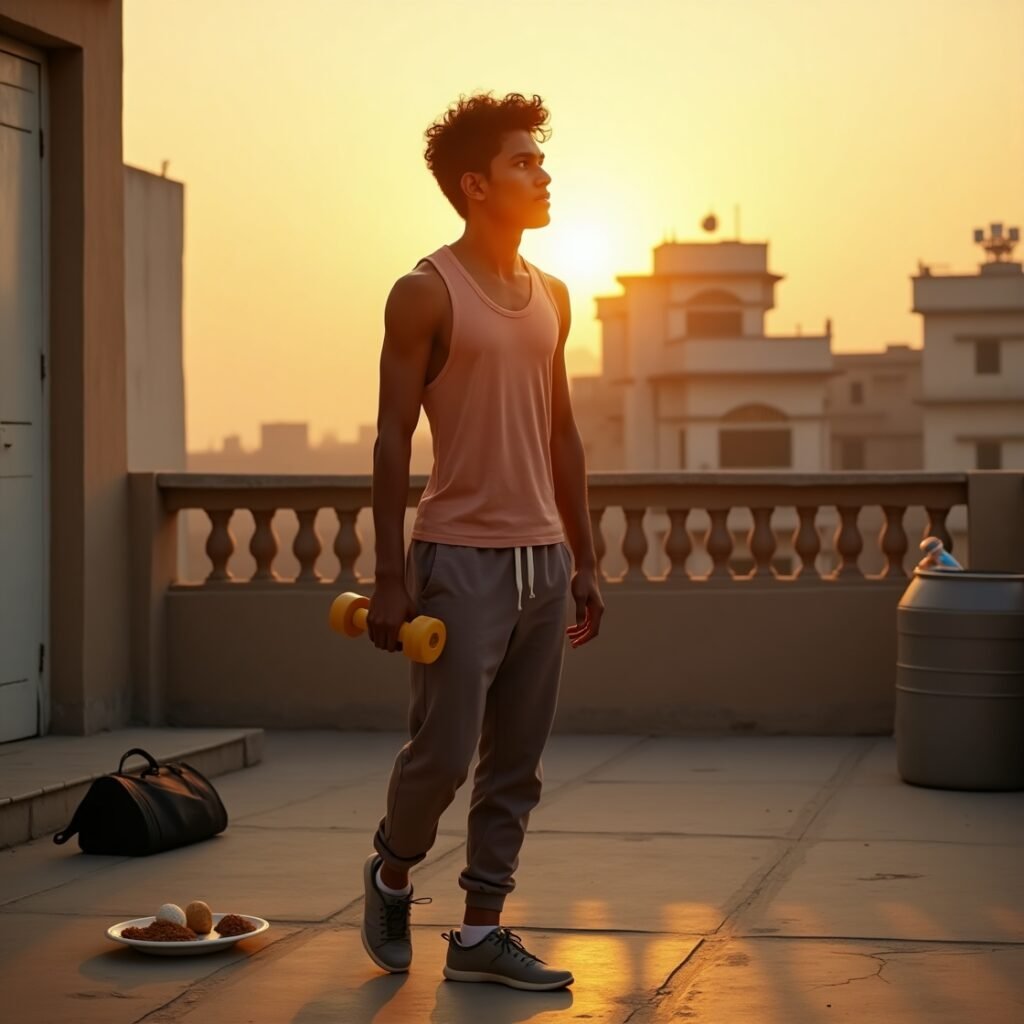 Indian student doing morning workout on terrace with motivational quote about building body on a budget – realistic desi fitness inspiration