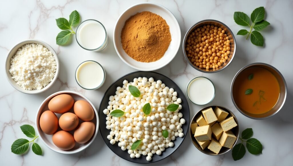 Top view of cheapest vegetarian protein sources under ₹100 for Indian students – boiled eggs, chana sattu, toned milk, dal, soya chunks, paneer
