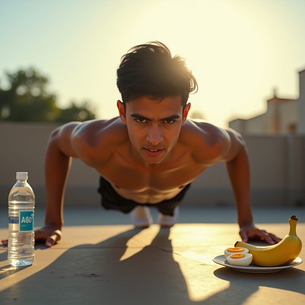 Indian student doing summer home workout with water bottle and healthy food